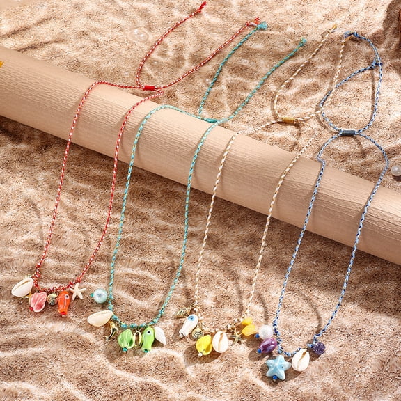 SmartBy Ceramic Shell Fish Pendant Necklace for Women Irregular Gravel Braided Rope Adjustable Necklace Ocean Theme Boho Beach Jewelry