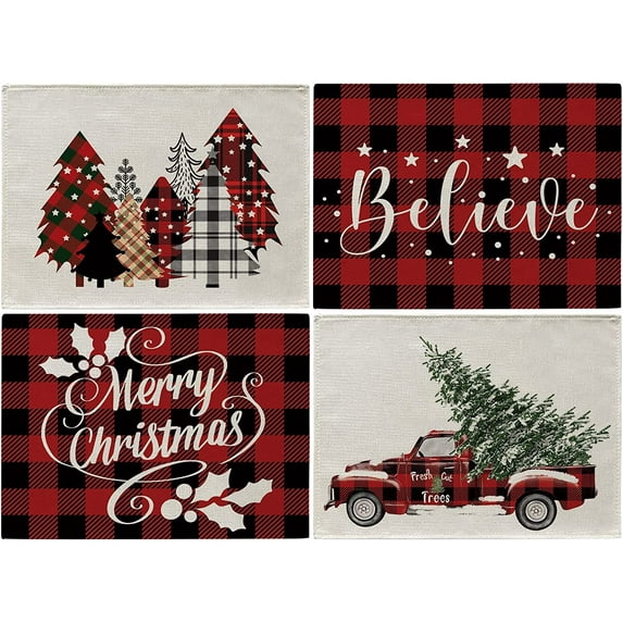 JOOCAR Christmas Placemats, Red Black Buffalo Plaid Christmas Tree Truck Merry Christmas Believe 12x18 Inch Christmas Placemats for Home Table Holiday Decor Rectangular Placemats Set of 4