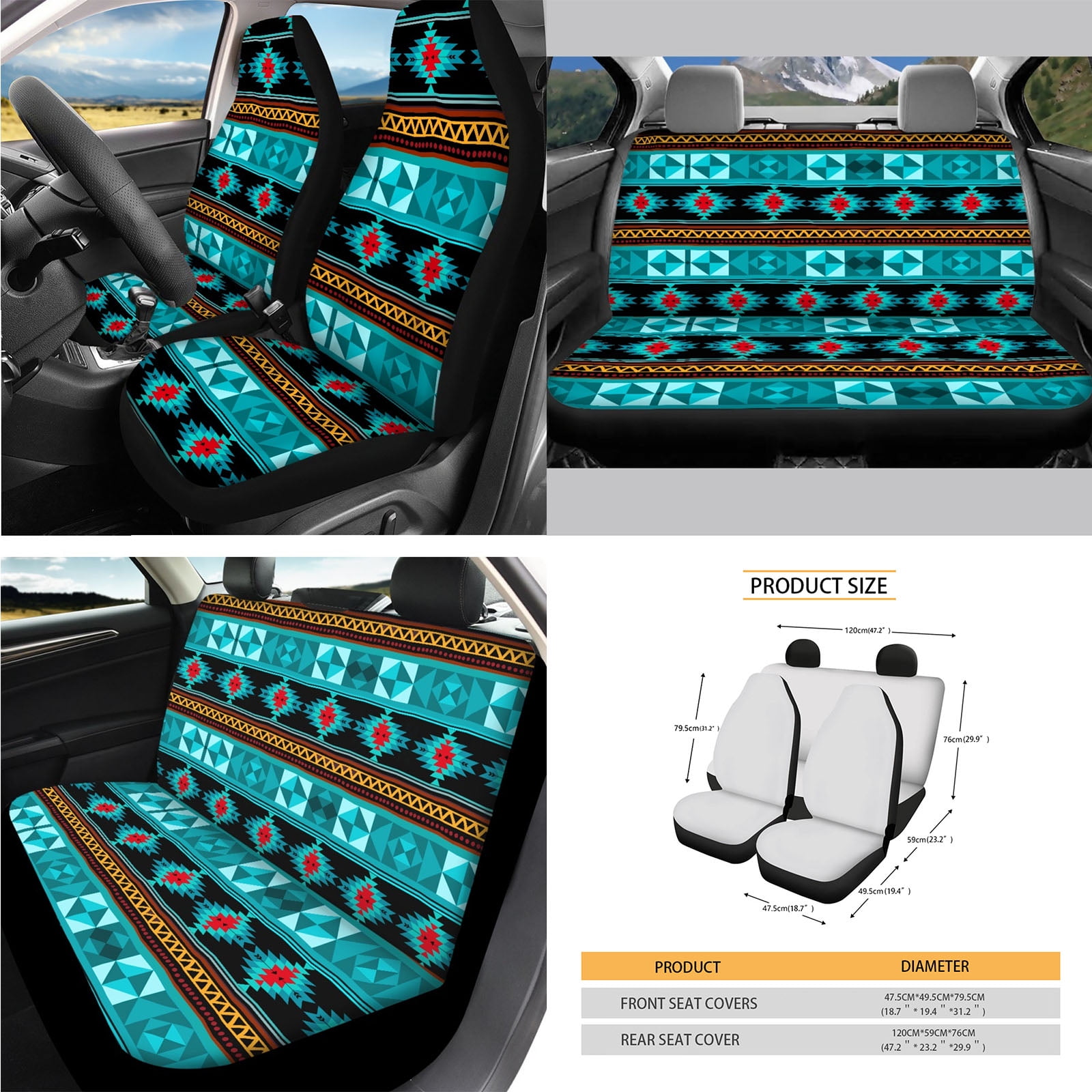 Yuyamidu Aztec Ethnic Gemoetric Car Seat Cover Set of 14 Blue Car Seat Protector with Steering Wheel Cover Seatbelt Pads Armrest Cushion Trash Can Rearview Mirror Cover Handbrake Cover Set Coasters