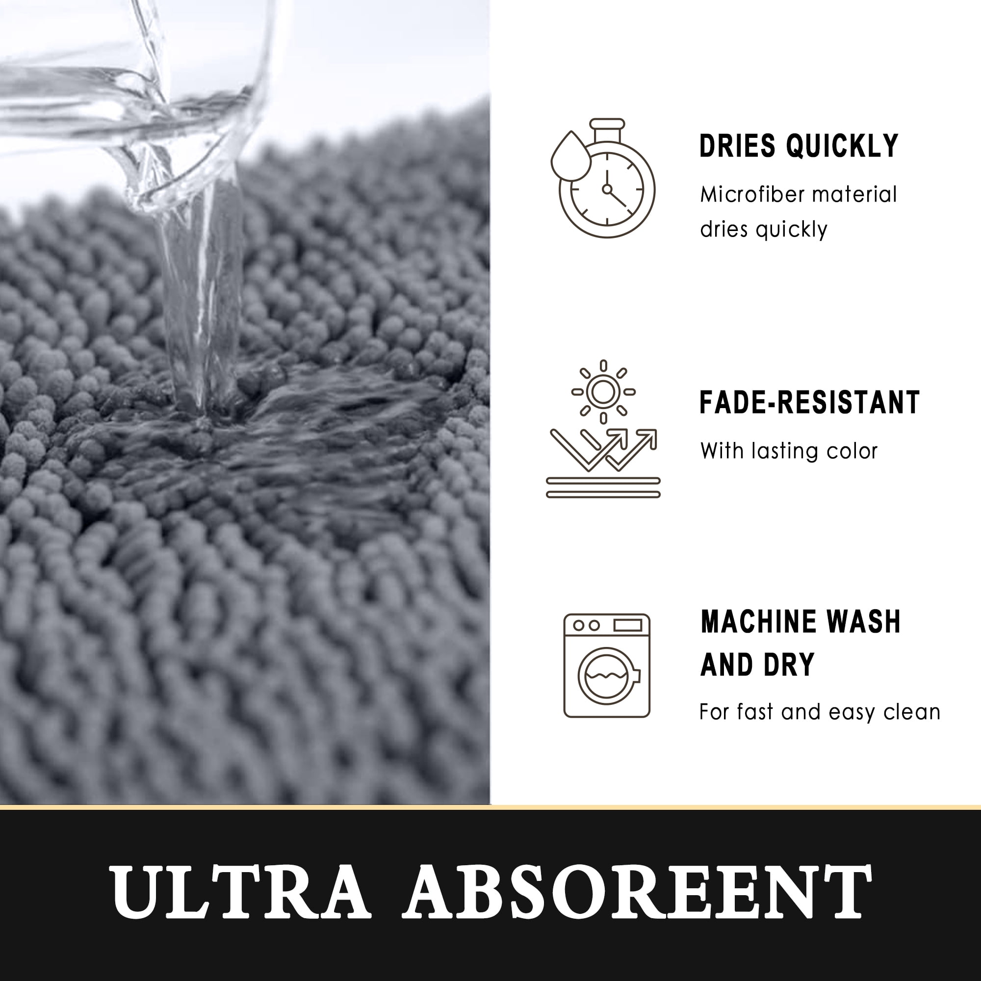 Furrygo Gray Chenille Bathroom Rugs, Thick Soft Absorbent Bath Rugs, Machine Washable Bath Mats for Bathroom Floor, Tub and Shower