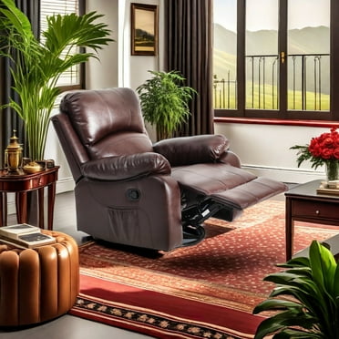 Dextrus Expansive Rocking Recliner with Heat and Massage, Comfy Armrest, Rocking Capability and Side Pocket, Faux Leather Manual Lounger for Living Room, Brown