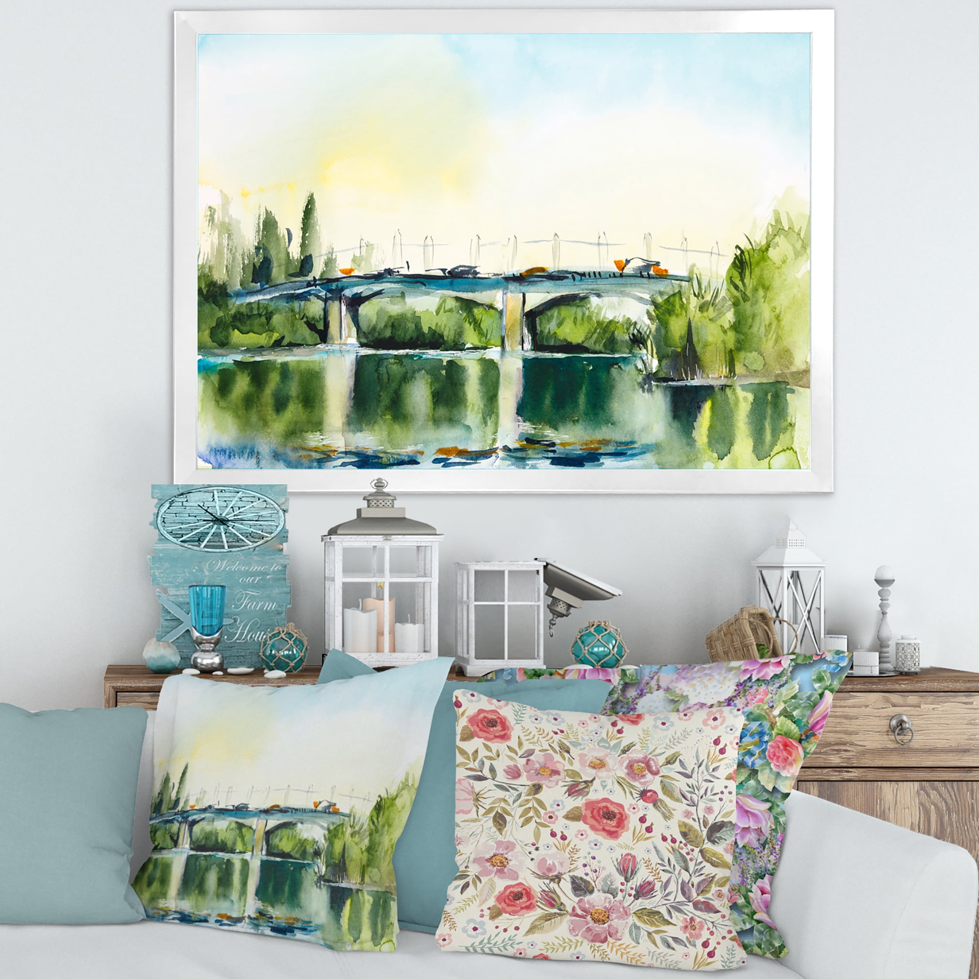 Designart 'Landscape With Old Bridge Over River In The Countryside' Traditional Framed Art Print