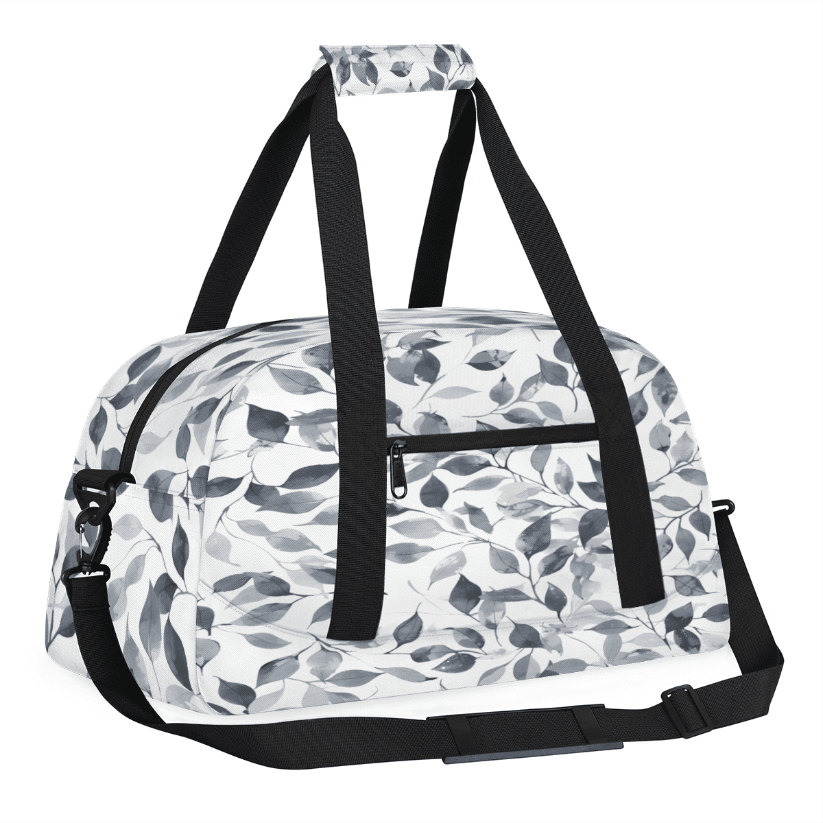 Herdesigns Gray and White Sports Duffle Bag for Women & Men, Leaves Gym Bag Dance Bag Overnight Bag Carry On Weekender Travel Bag