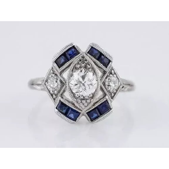 Vintage Art Deco Diamond Ring, Blue Sapphire Birthstone Diamond Ring, Milgrain Diamond Engagement Ring, Cluster Halo Ring, 14K White Gold Plated, 2.2 Ct Simulated Diamond & Sapphire