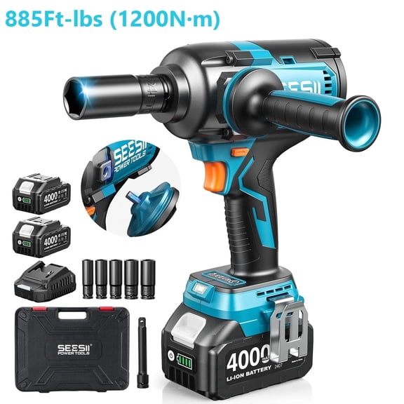 Seesii Brushless Cordless Impact Wrench 885Ft-lbs (1200N·m) 1/2" Impact Gun with Auxiliary Handle, 21V High Torque Power Impact Driver 2x 4.0Ah Battery
