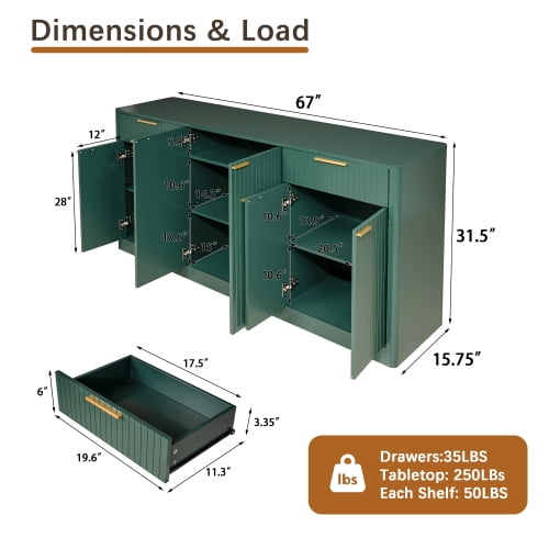 67" Fluted Buffet Sideboard, Modern Wine Bar Cabinet with 6 Doors & 2 Drawers, Coffee Bar Credenza for Dining Room, Living Room, Entryway, Dark green