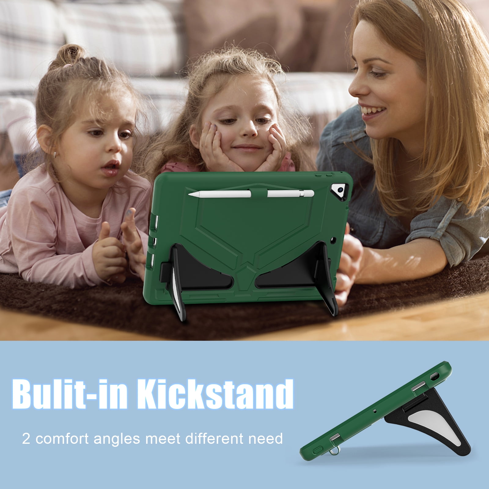 TECH CIRCLE Kids Case for iPad 9.7 2018/2017/iPad Air 2/Pro 9.7 with Pencil Holder,Shockproof Portable Handle Stand Protective Kids Case for iPad 9.7 Inch 6th Gen/5th Gen/Air 2/Pro 9.7",Green