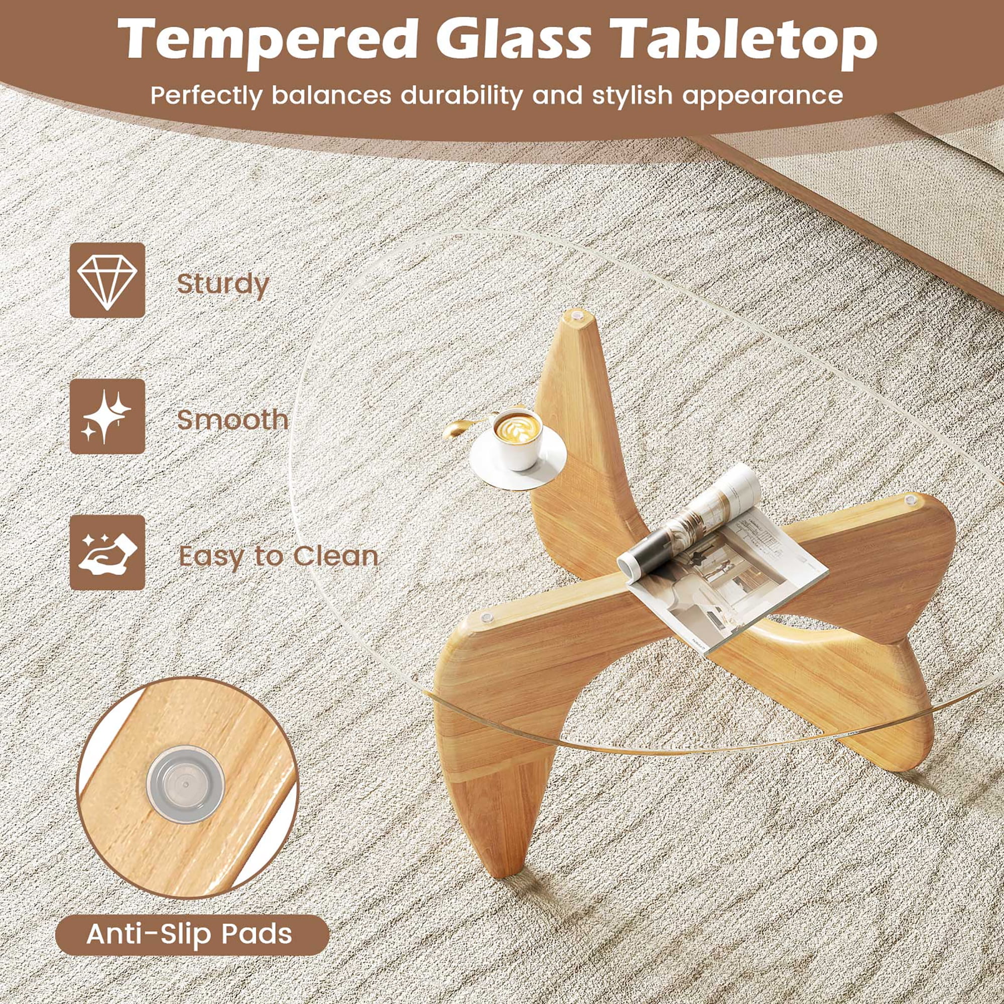 Gymax Triangle Coffee Table w/ Tempered Glass Top & Adjustable Rubber Wood Base