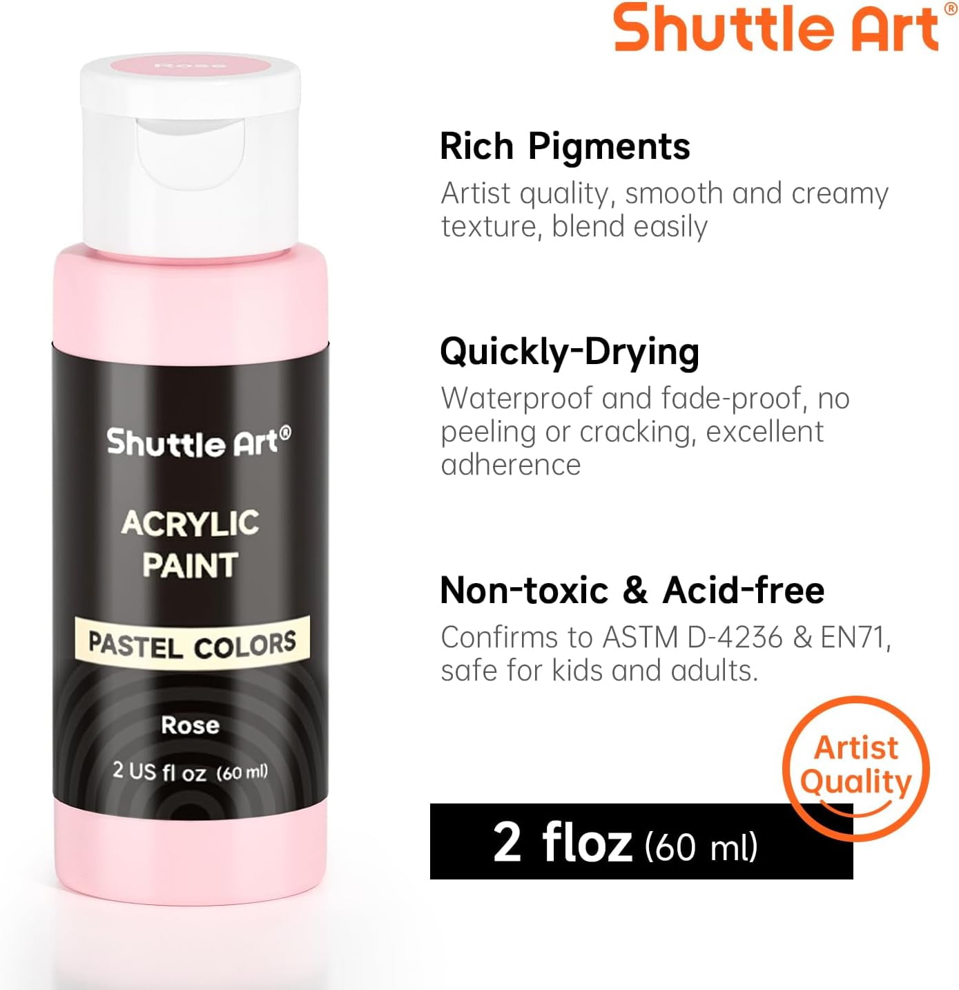 Shuttle Art 40 Pack Pastel Acrylic Paint Set, 30 Colors, 60ml/2oz Bottles, High Viscosity, Water-proof Paint With 10 Paint Brushes for Painting &Crafting