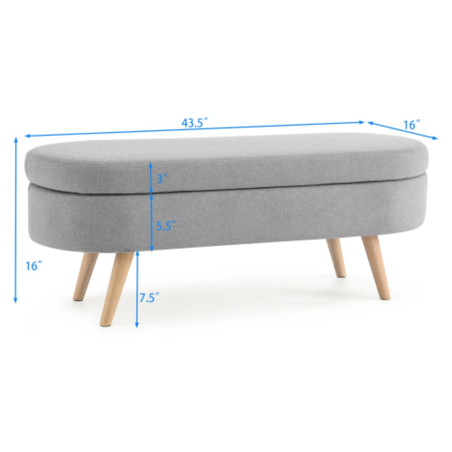 44" Oval Storage Ottoman Bench with Hidden Storage, Upholstered Fabric Ottoman Bench with Rubber Wood Legs for Bedroom, Entryway, Living Room, Grey