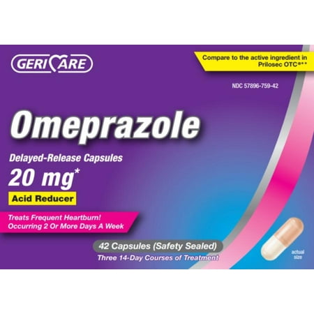 GeriCare Omeprazole Delayed Release Capsules 20 mg Acid Reducer Treats Heartburn 42 Count 2 Pack