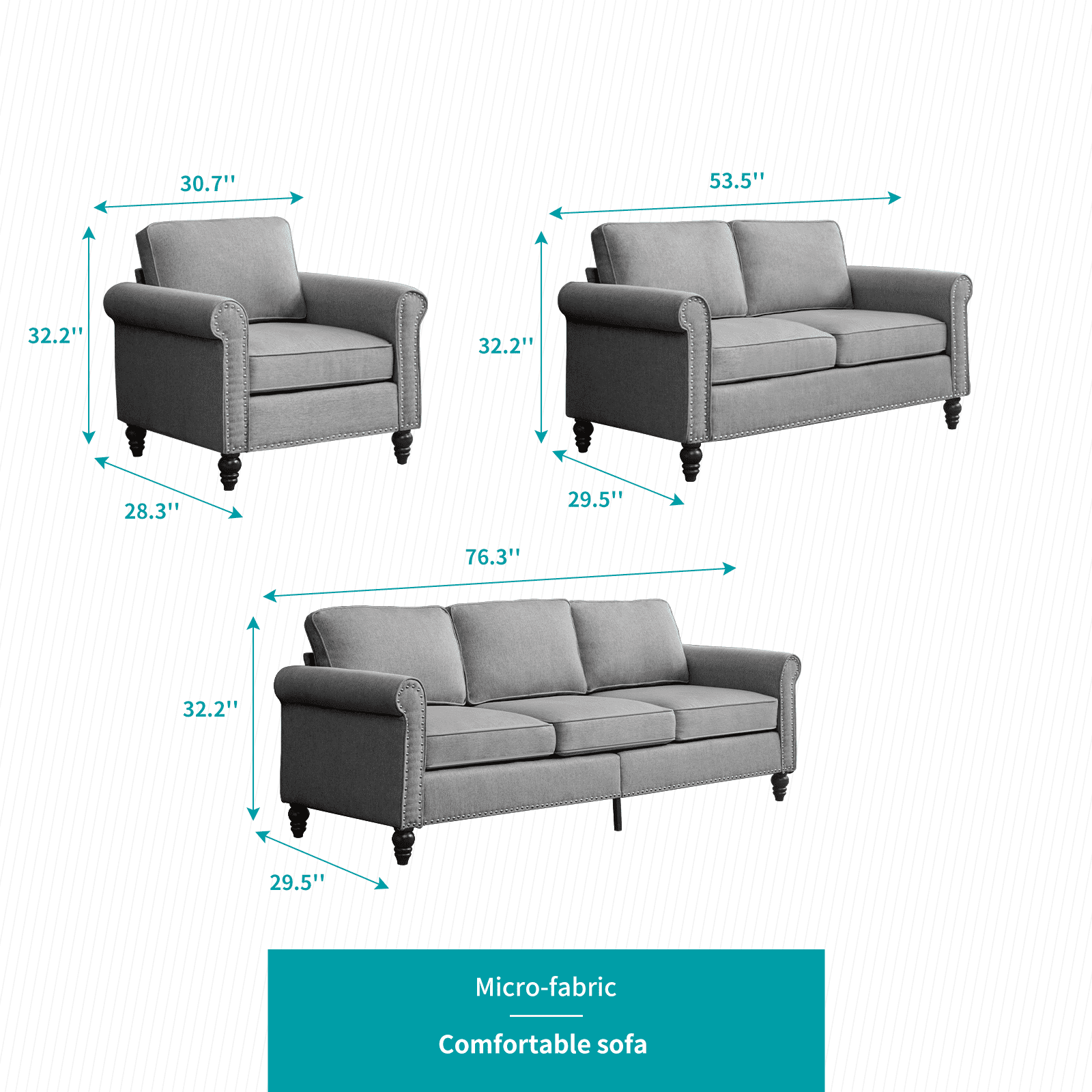 MUZZ Living Room Furniture Sets with 5.9"Upholstered Cushion, 3-Seater Sofa Couch, Loveseat and Single Sofa Chair, Sofa Set for Living Room(Light Grey)