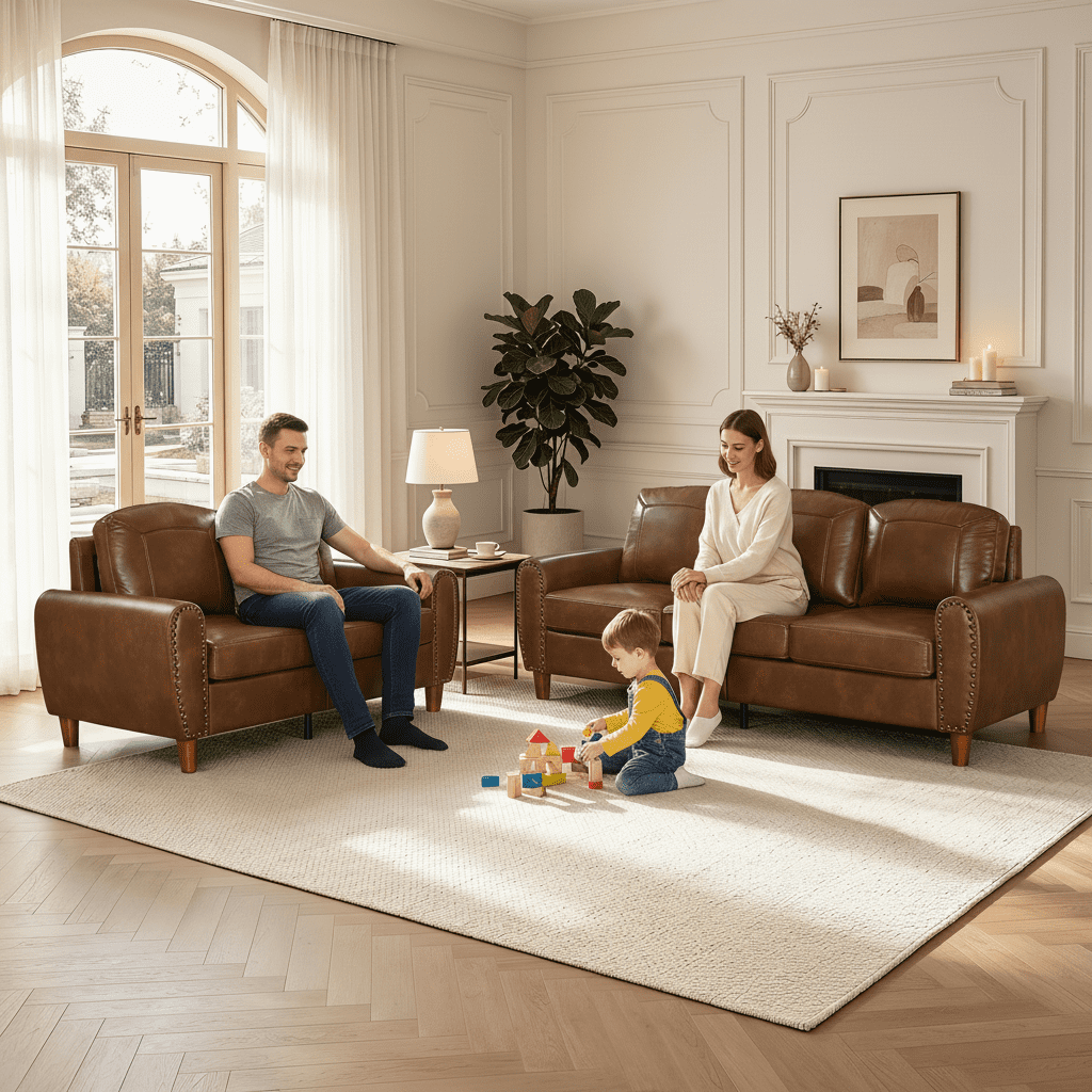 2-Piece Faux Leather Sofa Set,Classic Rolled Arm Loveseat & 3-Seater Sofa Couch with Brass Nailhead Trim & Solid Wood Legs,Apartment,Living Room,Brown