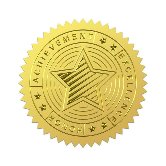 100Pcs Achievement Star Gold Foil Stickers 2 Inch 5-Point Star Round Self Adhesive Embossed Seal Labels Excellence Honor Embossed Certificate Seals Sticker for Craft Card Diplomas Awards