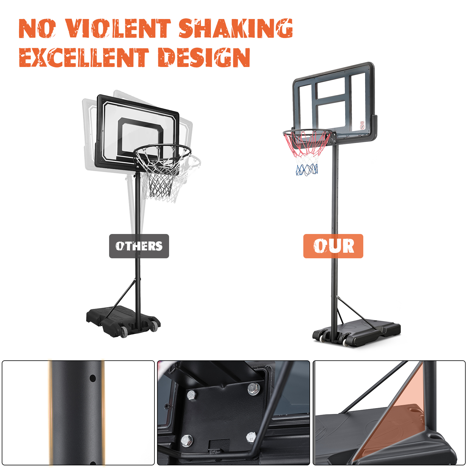 44 inch Outdoor Basketball Hoop Stand for Adults, SEGMART 4.9FT-10FT Height Adjustable Portable - image 3 of 8