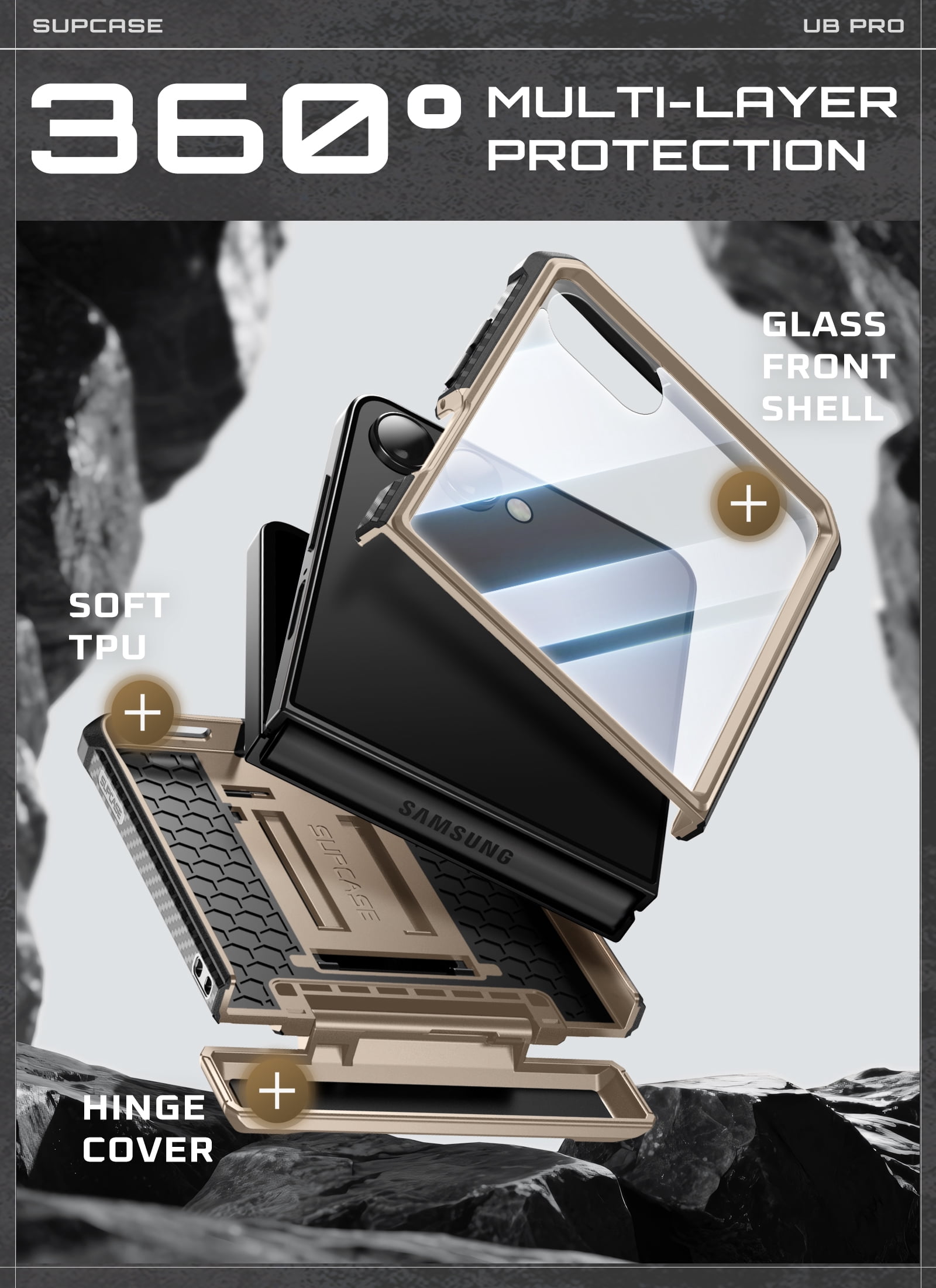 SUPCASE Unicorn Beetle Pro for Samsung Galaxy Z Flip 7 Case with Built-in Stand & Belt-Clip, [Hinge Protection] [Front Tempered Glass Screen Protector] Full Body Military-Grade Phone Cover, Desert