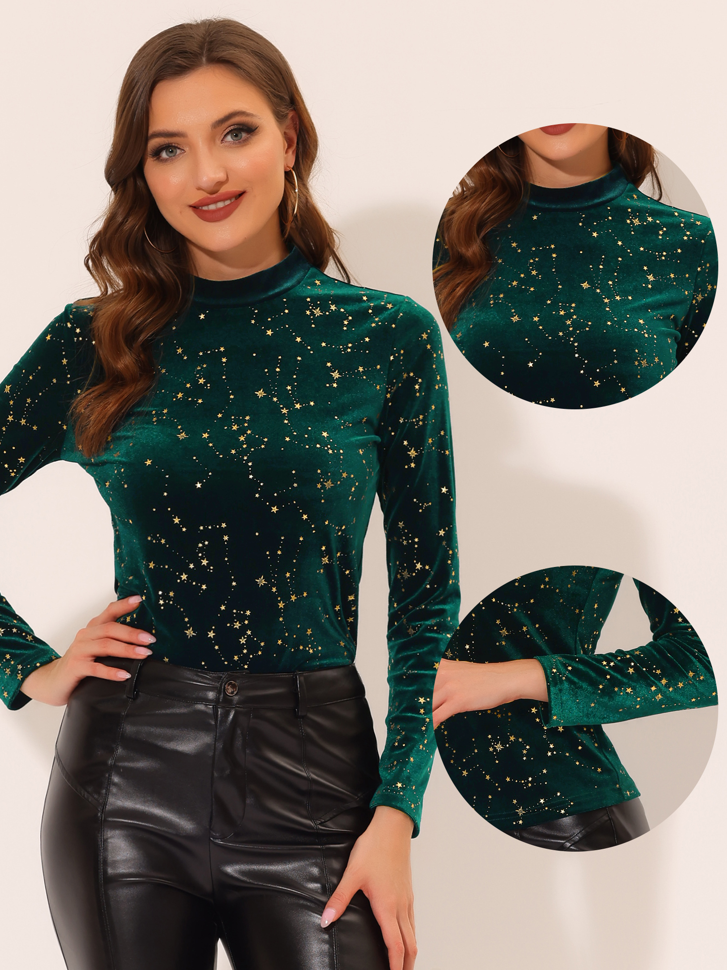 DARING DIVA Women's Star Print Round Neck Velvet Blouses S Green