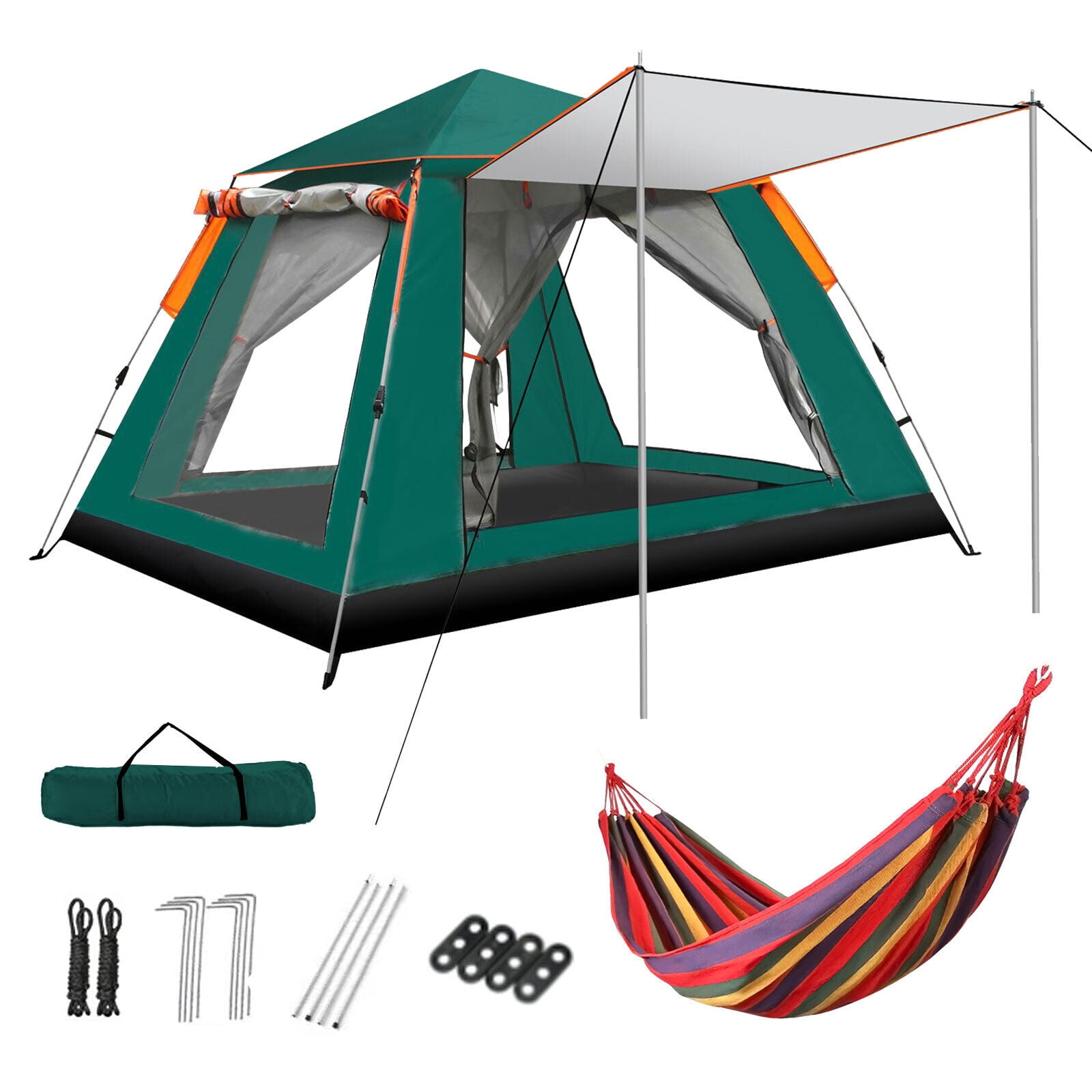 SHANNA Instant Camping Tent Portable Large Pop Up Tent 3-4 Person Dome Family Hexagon Tents Pop up Sun Shade Tent for Outdoor Camping Hiking, Dark Geen Tent + Red Hammock