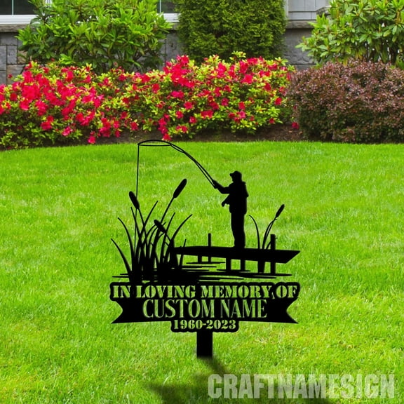 Craftnamesign Custom Fishing Memorial Stake, Fisherman Memorial Plaque with Stake, Grave Marker