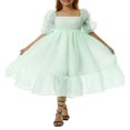 thumbnail image 1 of Women Summer Puffy Tulle Princess Dress Solid Color Square Neck Short Sleeve Ruffle Hem A-Line Dress Plus Size, 1 of 6