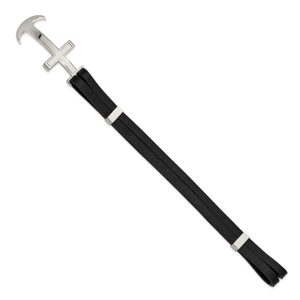 Diamond2Deal Stainless Steel Polished Cross and Anchor Black Leather Bracelet for Men 8.25"