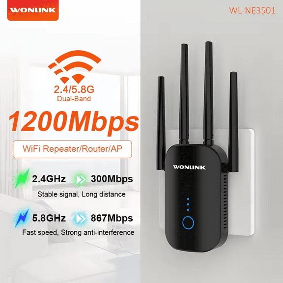Wonlink AC1200 Wireless WiFi Repeater,2.4/5G Wifi Extender Signal Booster Ethernet Repeaters for Home