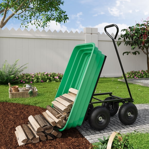 Heavy Duty Garden Dump Cart 600 lbs, 4 Cu.Ft. Yard Wagon with 10" All-Terrain Wheels, Quick-Release Tipping, Pivoting Handle for Courtyards, Farms & Gardening – Green Bucket & Black Iron Handle