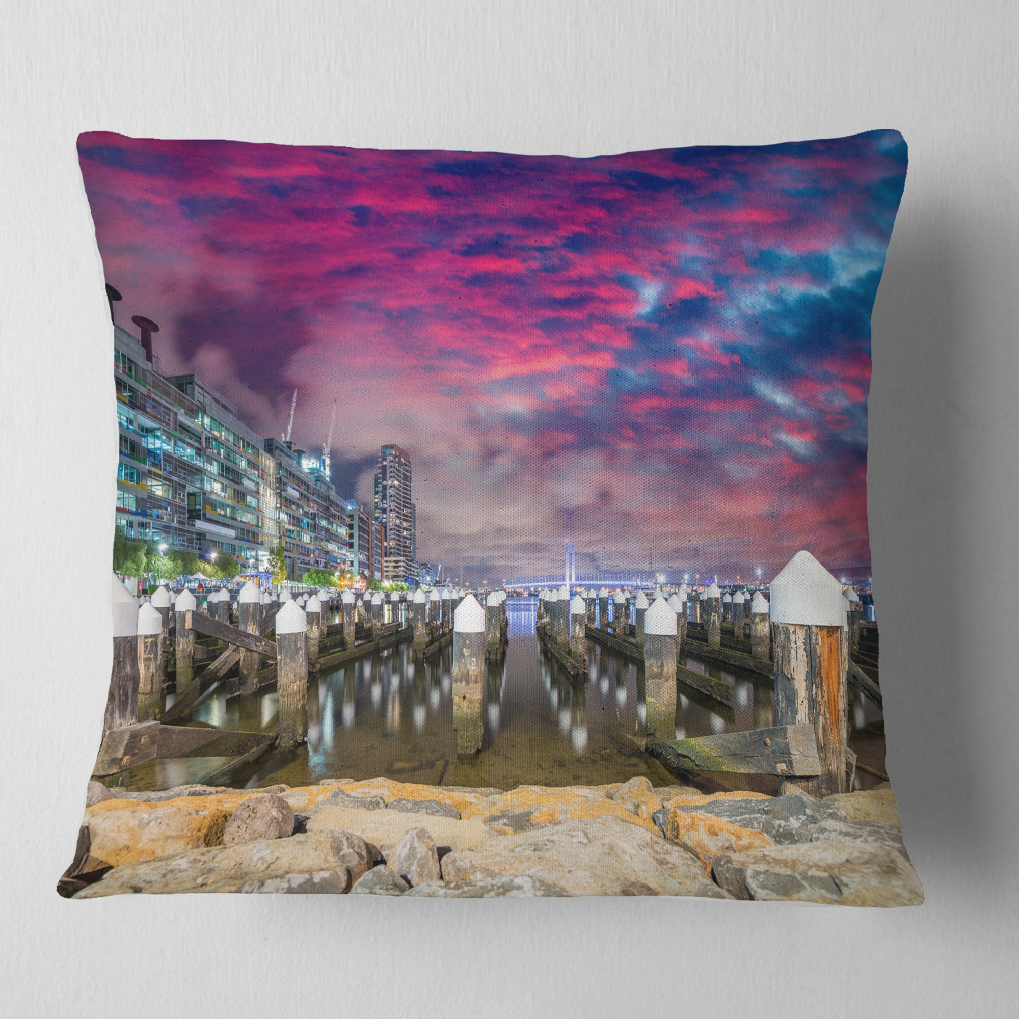 Designart Pier at Melbourne Harbor - Seascape Photography Throw Pillow - 16x16