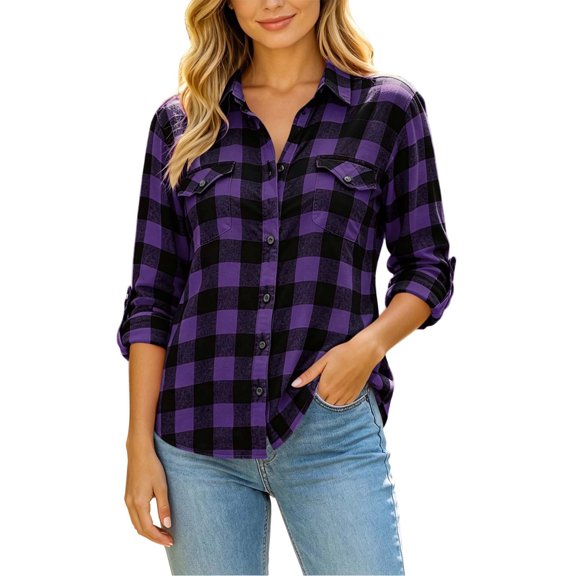 SuTry Women's Plaid Button Down Shirt Turndown Collar Long Sleeve Chest Pockets Relaxed Loose Fit Casual Everyday Wear