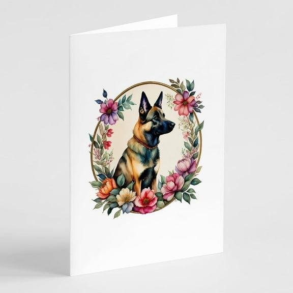 Belgian Malinois and Flowers Greeting Cards and Envelopes Pack of 8 7 in x 5 in