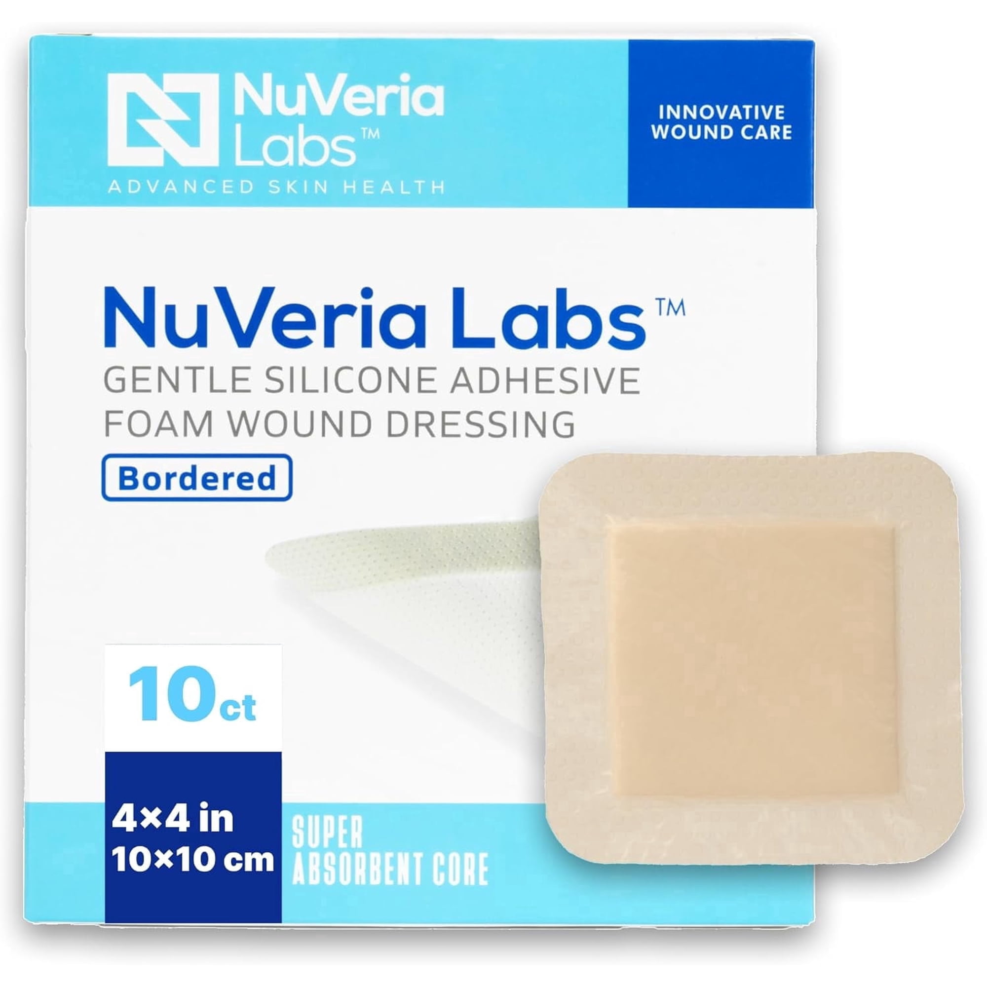 Nuveria Labs Hospital Grade Bordered Silicone Foam Wound Dressing,Gentle Silicone Adhesive Helps minimize discomfort, 4 x 4" Square, 10 Each/Box