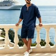 thumbnail image 4 of Men's 2 Piece Linen Set Loose Fit Casual Half Sleeve V Neck Shirt & Shorts Summer Beach Vacation Outfits Navy, 4 of 6