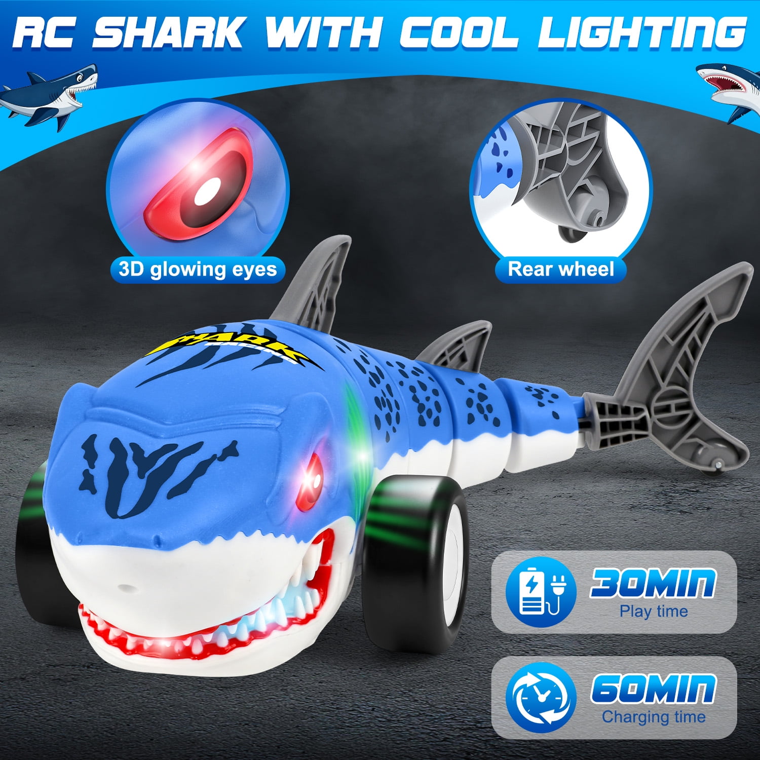 Huge Wave Remote Control Shark Car Toys for Kids, 2.4Ghz RC Shark Cars with Cool Light, 360° Stunt Swinging Tail, Birthday Gifts for Girls Boys Age 3-8