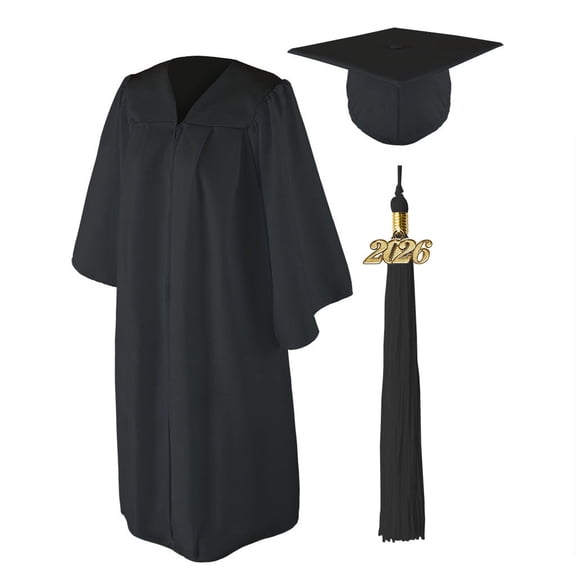 Class Act Graduation Adult Unisex Matte Graduation Cap and Gown with Tassel and Gold Charm, Black, Cap & Gown