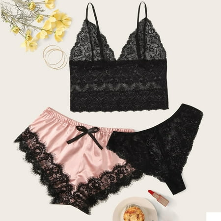 

Women s Lingerie Pajama Set Casual 3 Piece Cami Crop Top Shorts Set Sleepwear Soft Lounge Black M