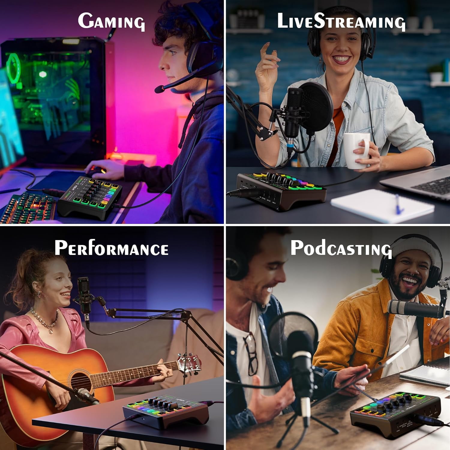 IXTECH Gaming Audio Mixer 4 Channel Soundboard, Streaming RGB PC Audio Interface with XLR Microphone Support, Audio Equalizer for Gaming Podcast Streaming Karaoke, Individual Volume Controls (Black)