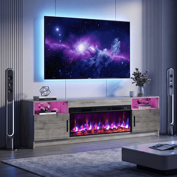 Flictozena 70" TV Stand with 36-Inch Electric Fireplace, Adjustable LED Lights & Storage | Fits TVs Up to 80 Inches | Modern Entertainment Center with Gray Doors