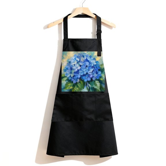 RKSupls Waterproof Bib Apron with 3 Pockets, Impasto Blue Hydrangea Bouquet.png Adjustable Neck Strap Soft Polyester Water Resistant Apron for Kitchen Restaurant Home Use
