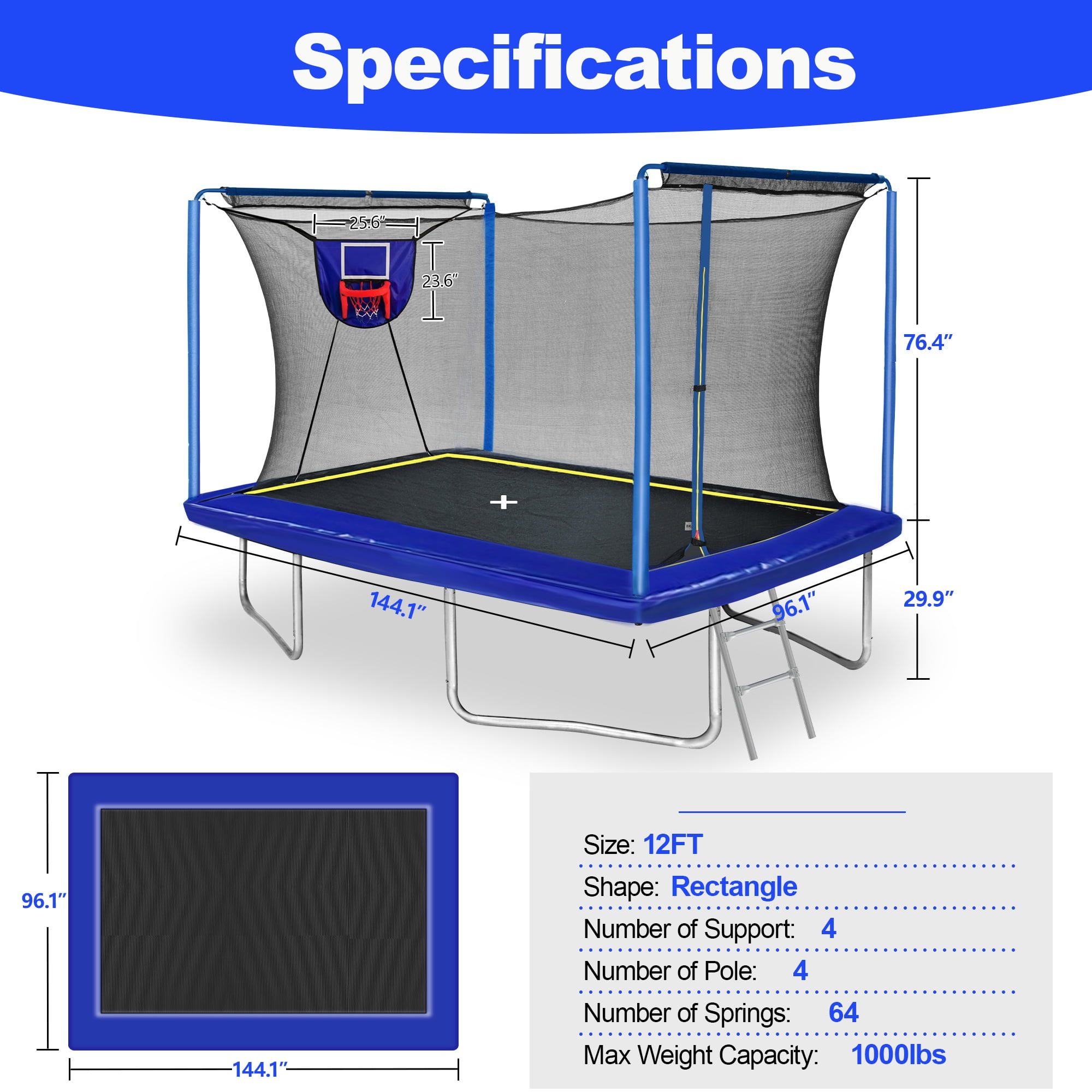8FT x 12FT Rectangular Trampoline for Kids, Large Size Trampoline with Basketball Set, Outdoor Trampoline w/ Enclosure Net, 4 Reinforced Supports for MAX Weight 1000LBS