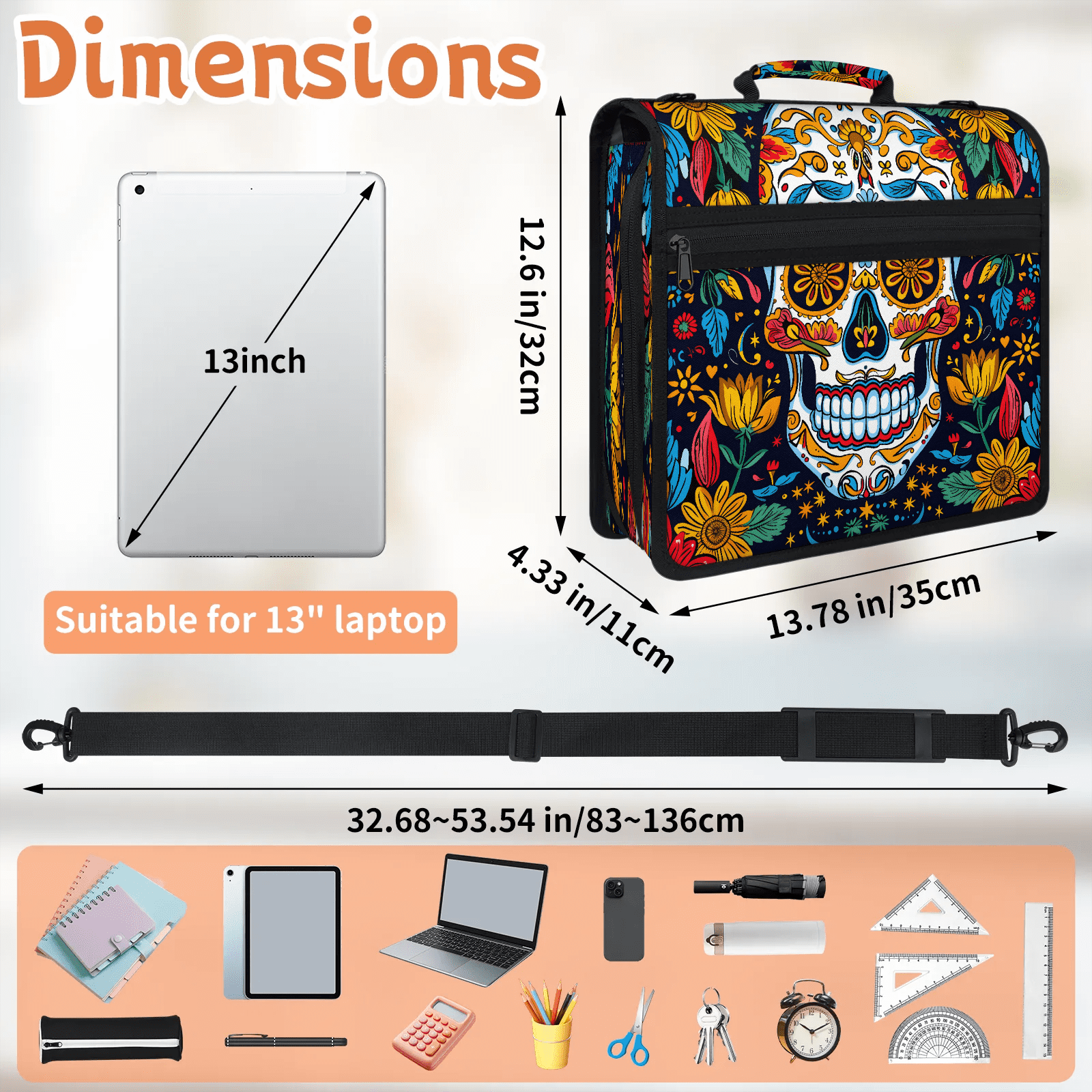 Herdesigns Sugar Skull Gothic Halloween Zipper Binder with Shoulder Strap, Waterproof 1.5 Inch 3 D-Ring Binder Organizer Bag, Fits 13 Inch Laptop for Work,