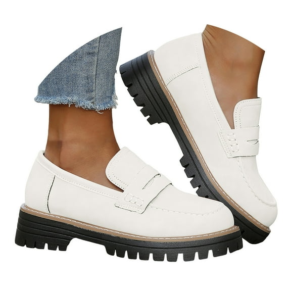 YLYL Women Suede Penny Loafers Chunky Heel Lug Sole Slip on Comfortable Casual Business Work Shoes