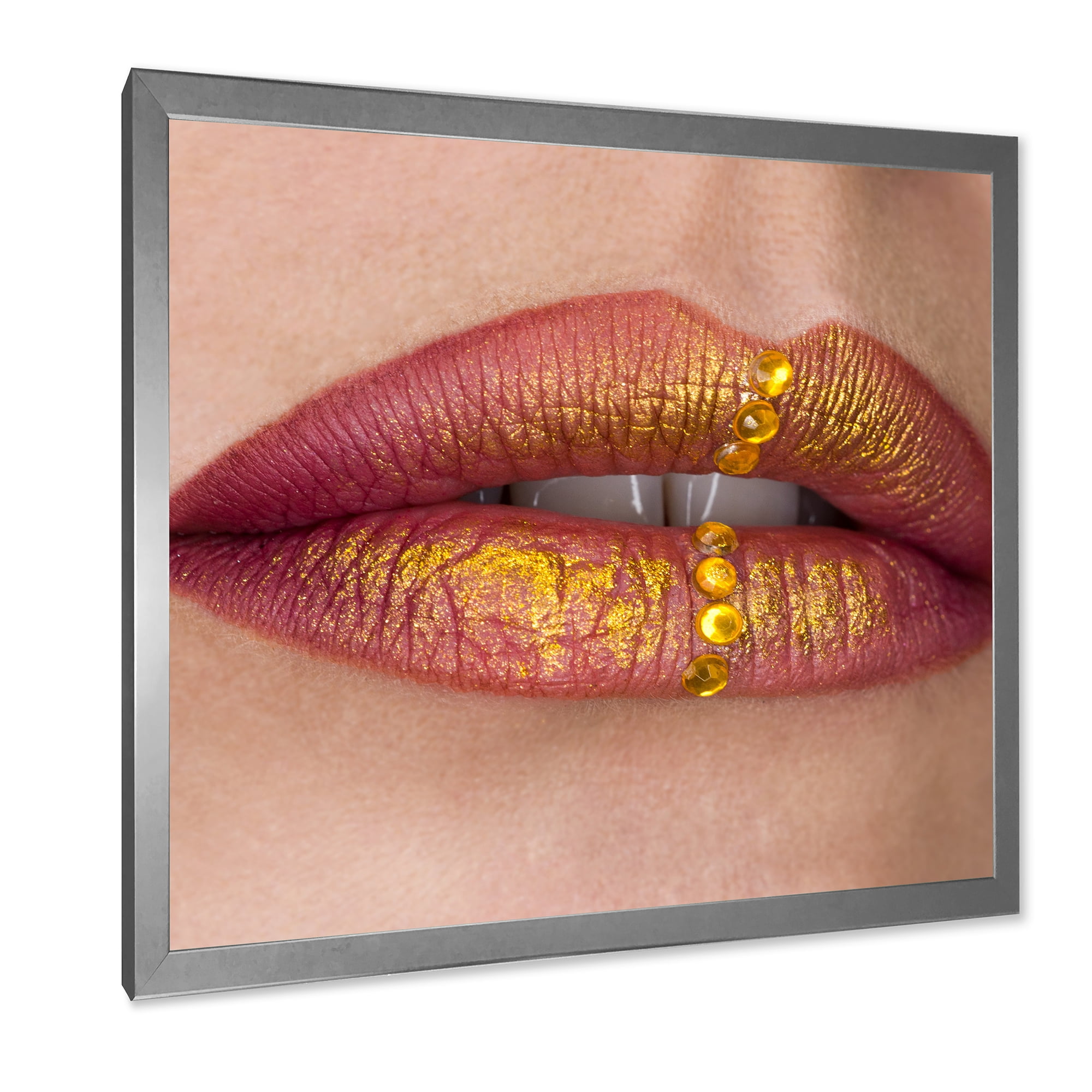 Designart 'Woman Lips Close-Up With Red Lipstick, Gold Paint' Modern Framed Art Print