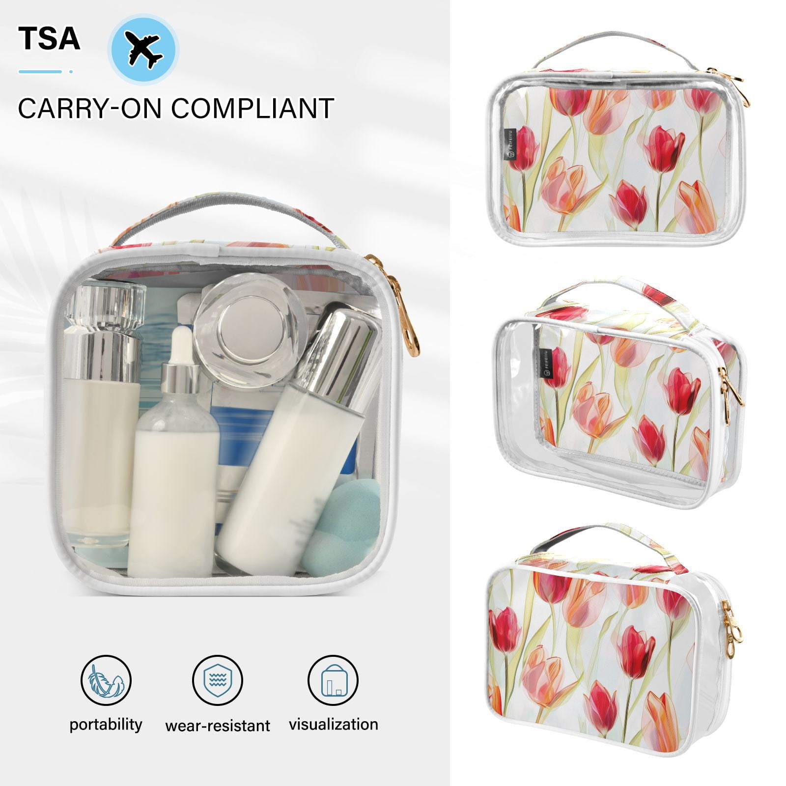 Clear Makeup Bags with Handle Large Opening 2 Pack Set Toiletry Bag Quart Size Bag, for Women Man Traveling Travel Essentials, Toiletries and Other. Transparent Tulipa Red