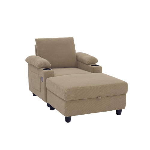 Accent Chair and Storage Ottoman Set, Convertible Single Chaise Lounge Sleeper Bed with Reclining Backrest, Dual Cup Holders, USB-C Ports, Side Storage Pocket, Camel