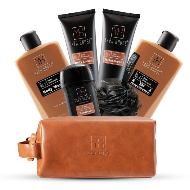 YARD HOUSE Juego de regalo de lujo para baño y cuerpo para hombre, cesta para él, sándalo ahumado, kit de cuidado de la piel natural para hombres con. Desodorante de loción corporal exfoliante facia