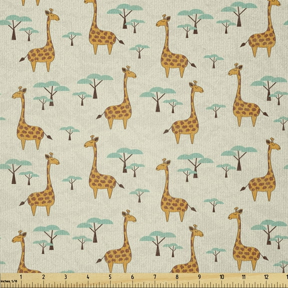 Giraffe Fabric by The Yard, Cartoon Style Giraffes Walking Among Small Trees on Grunge Backdrop Savannah Theme, Stretch Knit Fabric for Clothing Sewing and Arts Crafts, 1 Yard, Beige, by Ambesonne