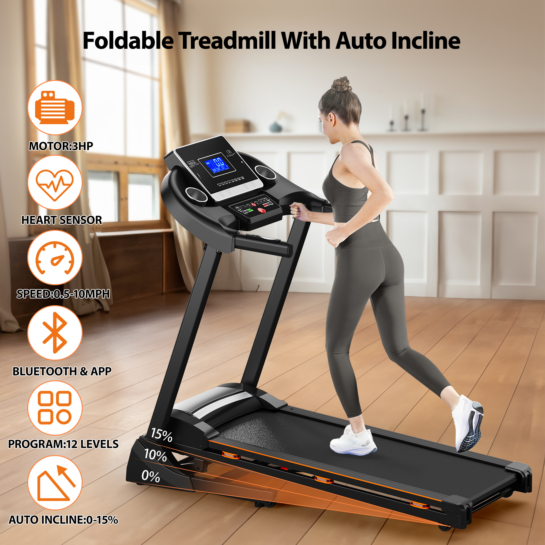 RENESTAR Folding Treadmill with Auto Incline:3.0HP Foldable Electric Treadmill for Home Fitness&Workouts, 300 lb Capacity, 0.5-10 MPH, Portable Running Machine with APP, Bluetooth Speaker