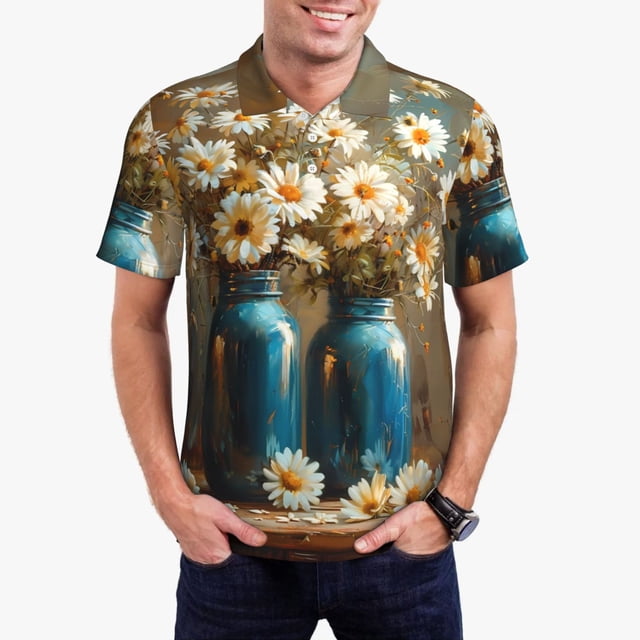 Fotbe Rustic Daisy Mason Jars Camiseta Polo de Golf para Hombre con Estampado – Camisa Deportiva Transpirable con Cuello Abotonado-Small