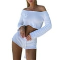 thumbnail image 3 of KOMOO Women Two Pieces Knitted Shorts Set Solid Color Stripe Long Sleeve Crop Tops High Waist Short Sets Knit Outfits, 3 of 8