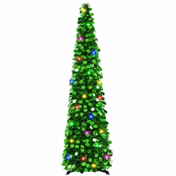 5 FT Pop Up Christmas Tree, Collapsible Green Tinsel Sequin Pencil Christmas Tree with 70 Multicolor LED Lights, Easy Storage Artificial Slim Christmas Tree for Home Indoor Holiday Decor